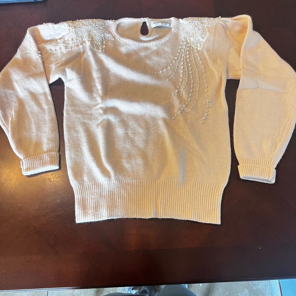 Vintage Marisa Christina pink angora Sweater sz S Pearl &‎ Sequin Embellishments